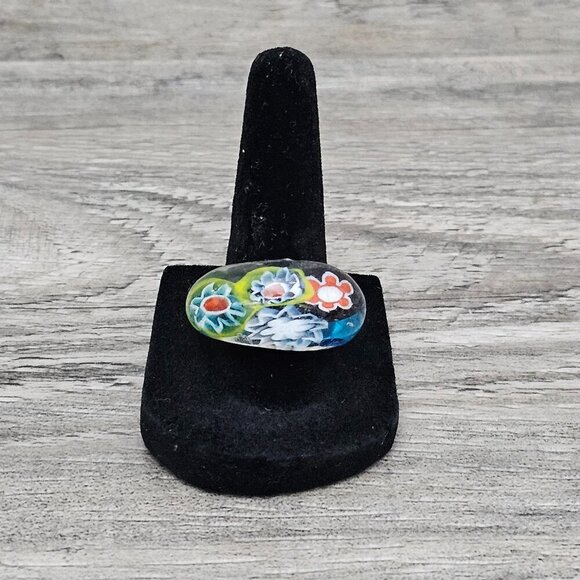 Murano Glass Italian Mosaic Multicolored Millefiori Floral Ring 7.5 - Picture 2 of 8
